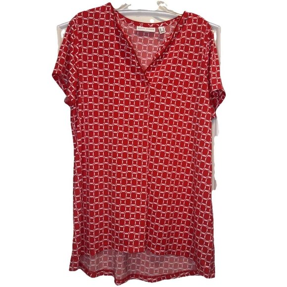 Susan Graver Women’s Red White Geometric Cap Sleeve V-Neck Liquid Knit Top Sz S - Picture 1 of 9